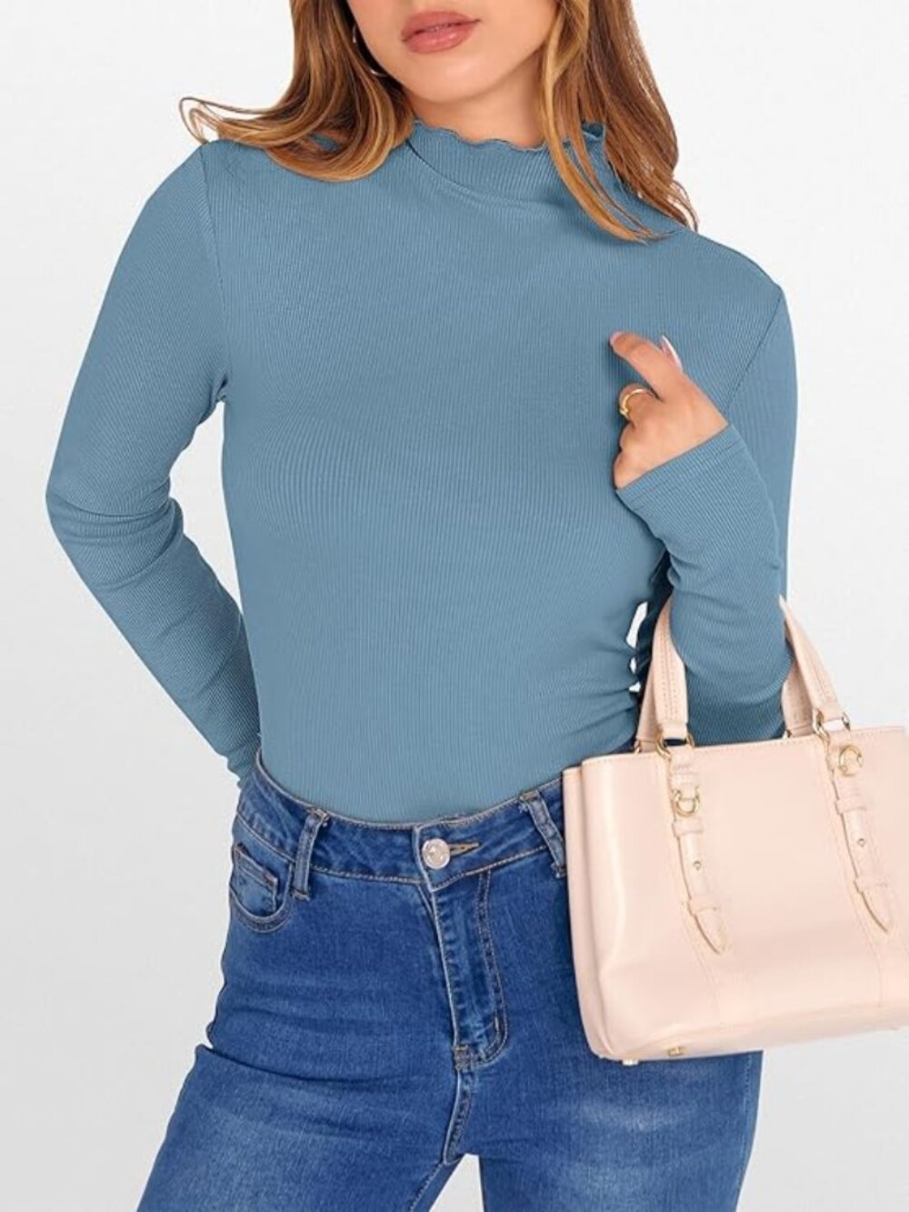 Blue Lettuce Trim Mock Neck Long Sleeve Shirt